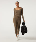 Scoop Neck Long Sleeve Houndstooth Yoga Sports Top — Auburn Roast — view 7