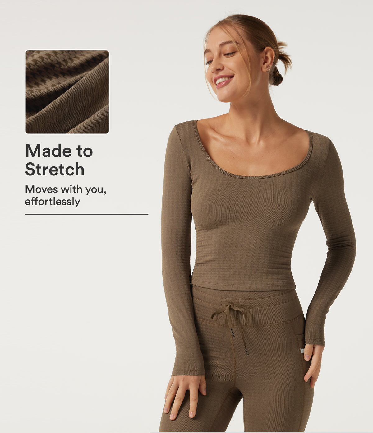 Scoop Neck Long Sleeve Houndstooth Yoga Sports Top — Auburn Roast — view 1