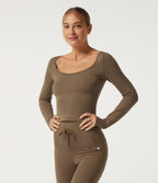 Scoop Neck Long Sleeve Houndstooth Yoga Sports Top — Auburn Roast — view 3