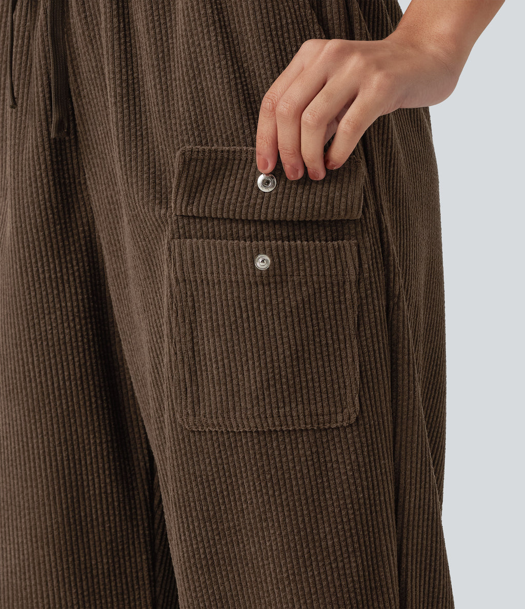 High Waisted Drawstring Tapered Corduroy Casual Trousers with Pockets — Rain Drum — view 6