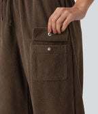 High Waisted Drawstring Tapered Corduroy Casual Trousers with Pockets — Rain Drum — view 6