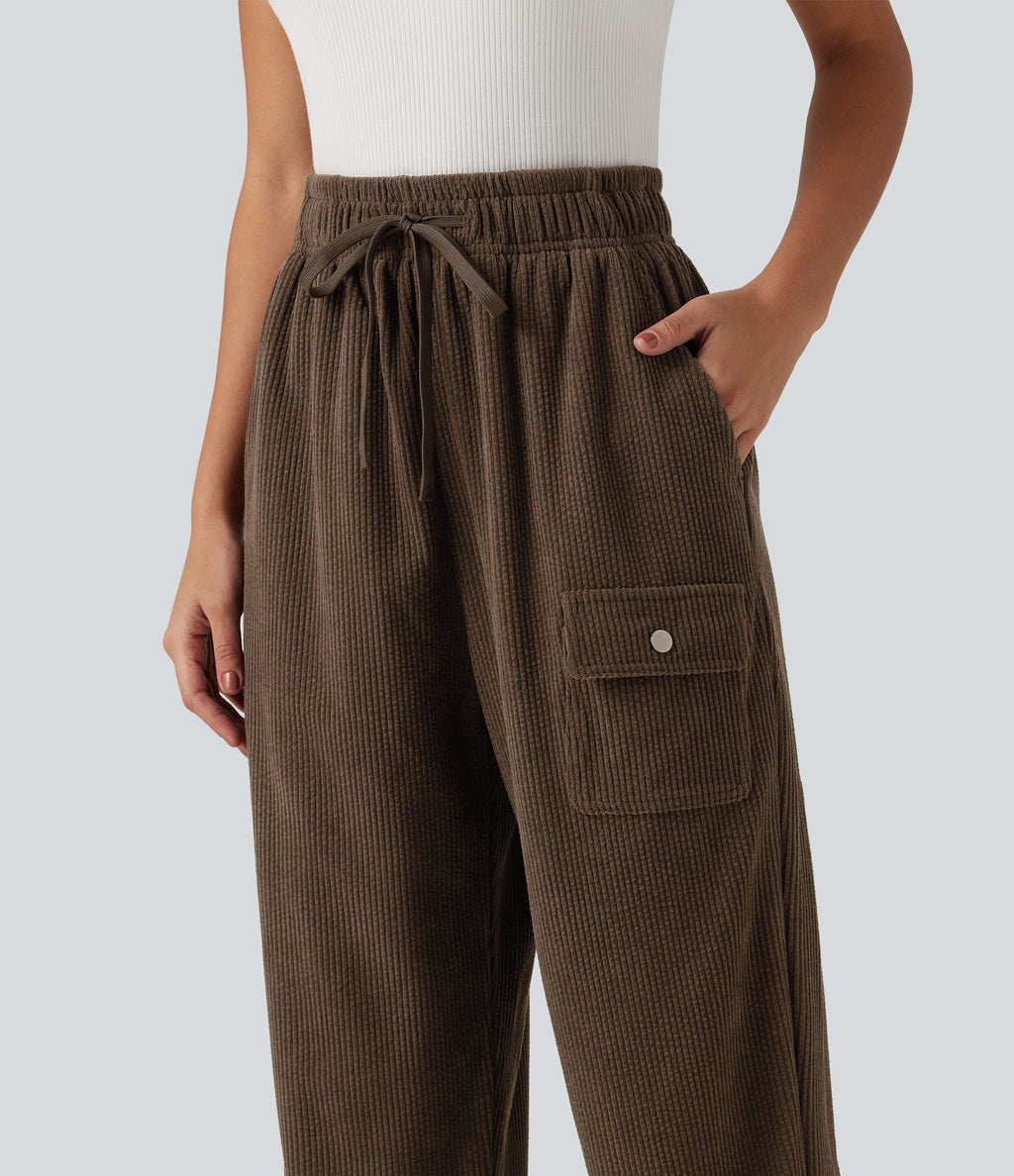 High Waisted Drawstring Tapered Corduroy Casual Trousers with Pockets — Rain Drum — view 5