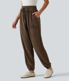 High Waisted Drawstring Tapered Corduroy Casual Trousers with Pockets — Rain Drum — view 3