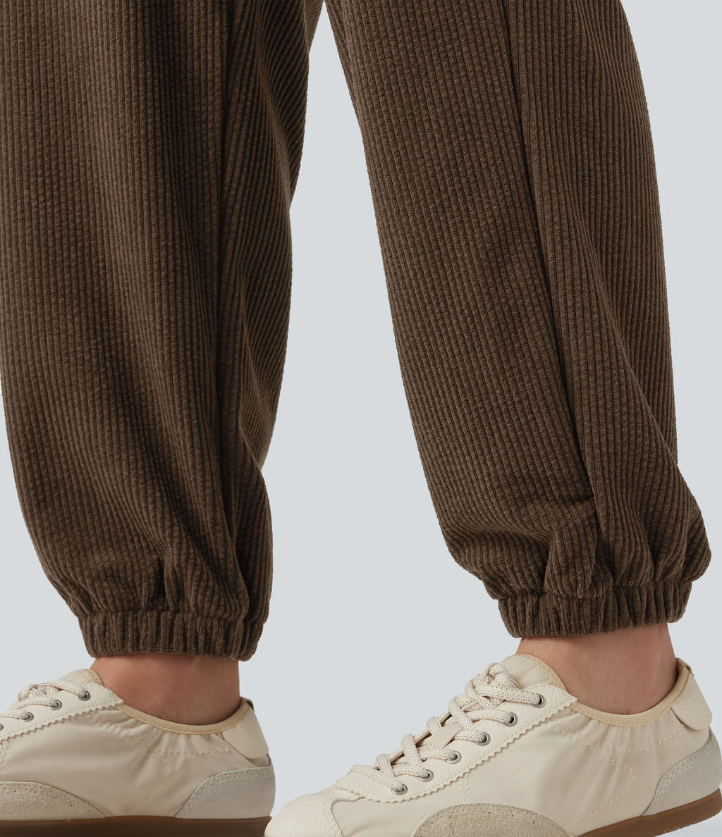 High Waisted Drawstring Tapered Corduroy Casual Trousers with Pockets — Rain Drum — view 7