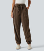 High Waisted Drawstring Tapered Corduroy Casual Trousers with Pockets — Rain Drum — view 1