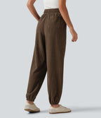 High Waisted Drawstring Tapered Corduroy Casual Trousers with Pockets — Rain Drum — view 2