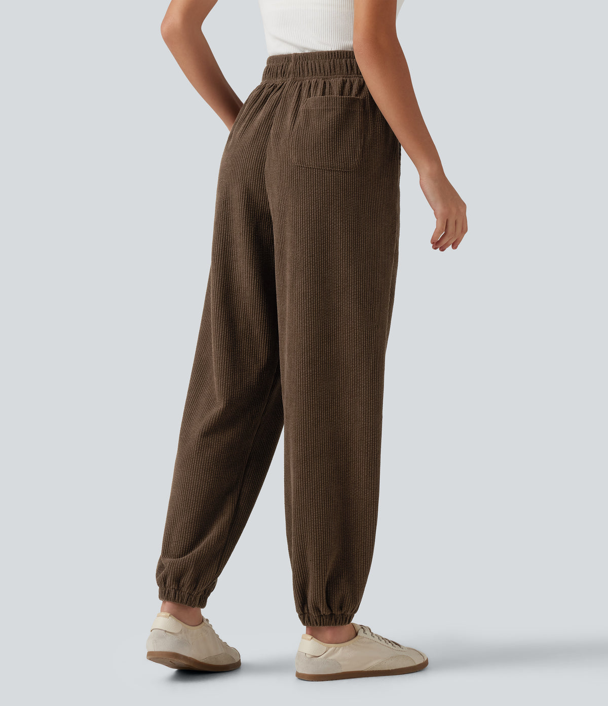 High Waisted Drawstring Tapered Corduroy Casual Trousers with Pockets — Rain Drum — view 2