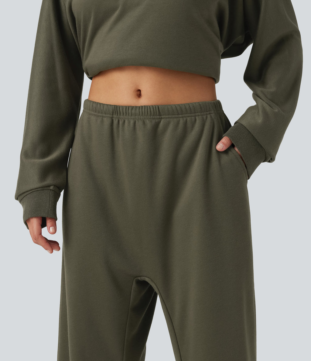 Low Rise Inner Drawstring Casual Jogger Sweatpants with Pockets — Ivy Green — view 6