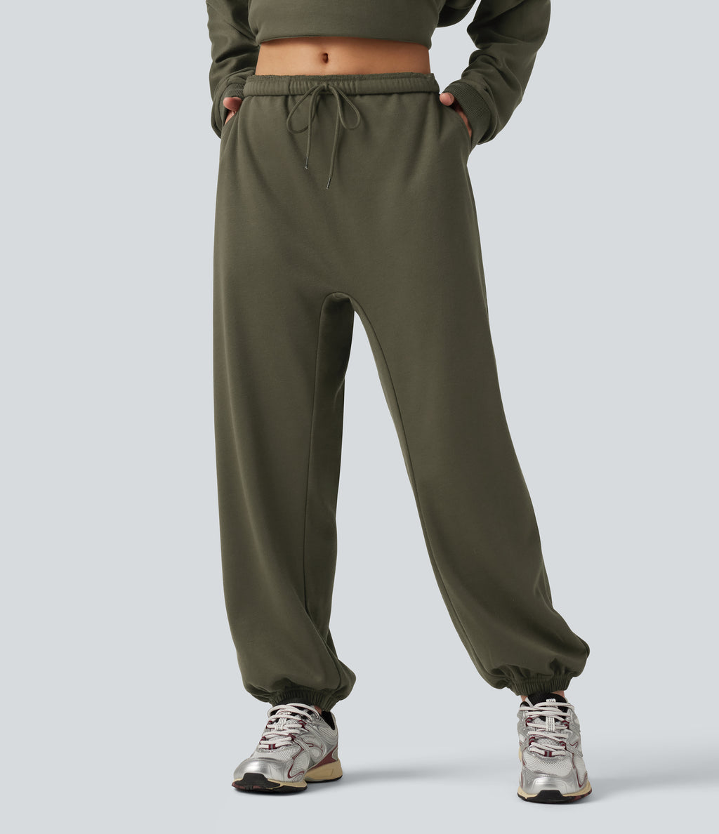 Low Rise Inner Drawstring Casual Jogger Sweatpants with Pockets — Ivy Green — view 4