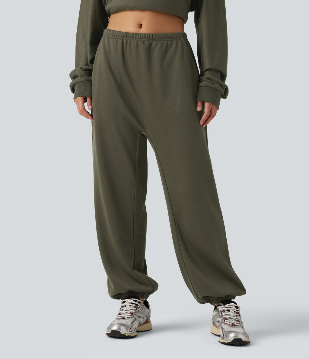 Low Rise Inner Drawstring Casual Jogger Sweatpants with Pockets — Ivy Green — view 3
