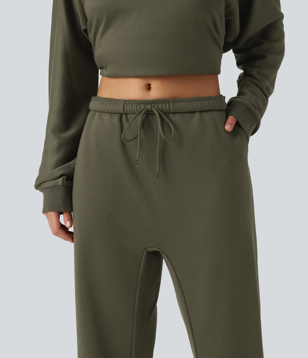 Low Rise Inner Drawstring Casual Jogger Sweatpants with Pockets — Ivy Green — view 5