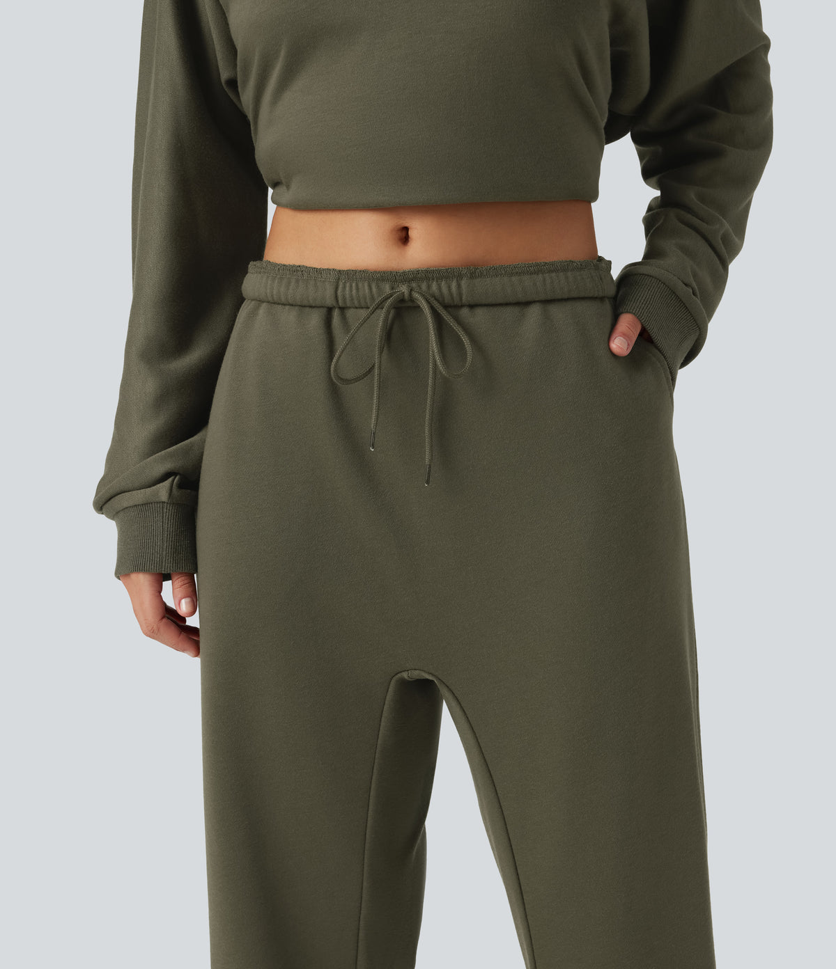 Low Rise Inner Drawstring Casual Jogger Sweatpants with Pockets — Ivy Green — view 5