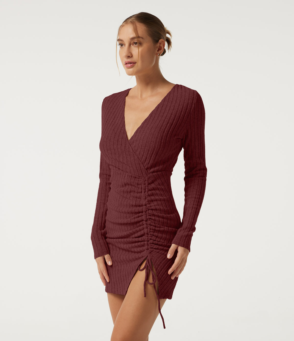 Ribbed Knit Deep V-Neck Long Sleeve Drawstring Ruched Bodycon Mini Casual Dress — Pomegranate — view 1