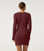 Ribbed Knit Deep V-Neck Long Sleeve Drawstring Ruched Bodycon Mini Casual Dress — Pomegranate — view 2