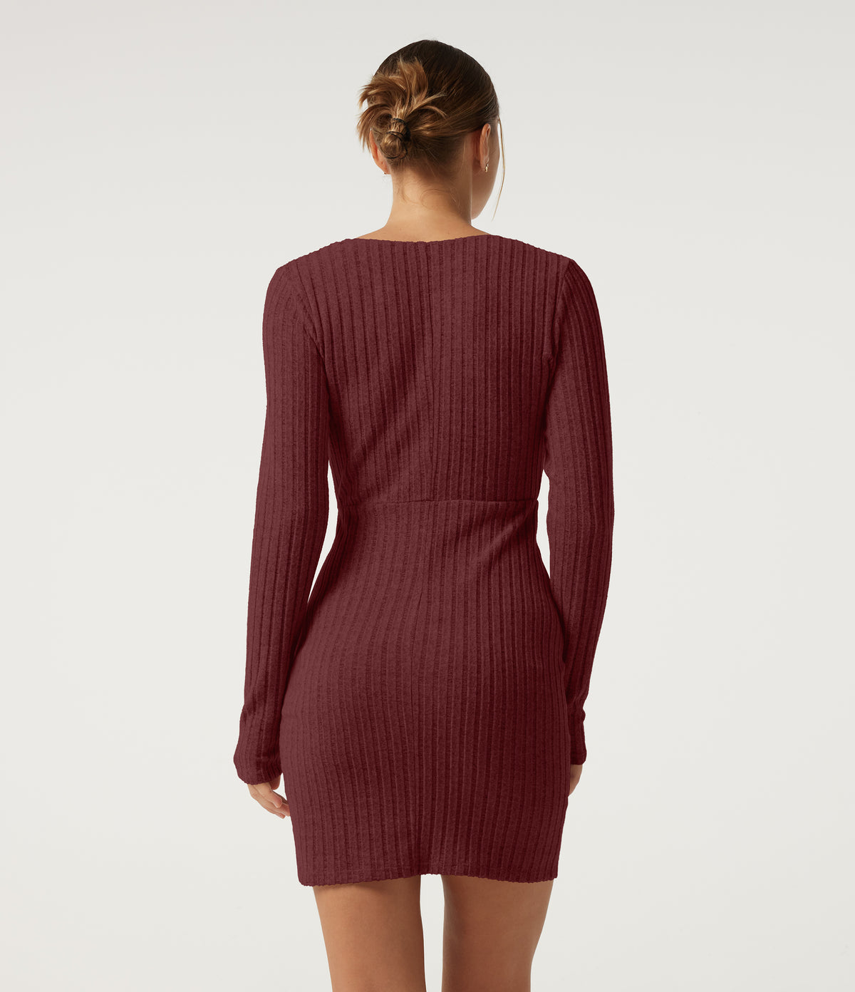 Ribbed Knit Deep V-Neck Long Sleeve Drawstring Ruched Bodycon Mini Casual Dress — Pomegranate — view 2