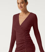 Ribbed Knit Deep V-Neck Long Sleeve Drawstring Ruched Bodycon Mini Casual Dress — Pomegranate — view 5