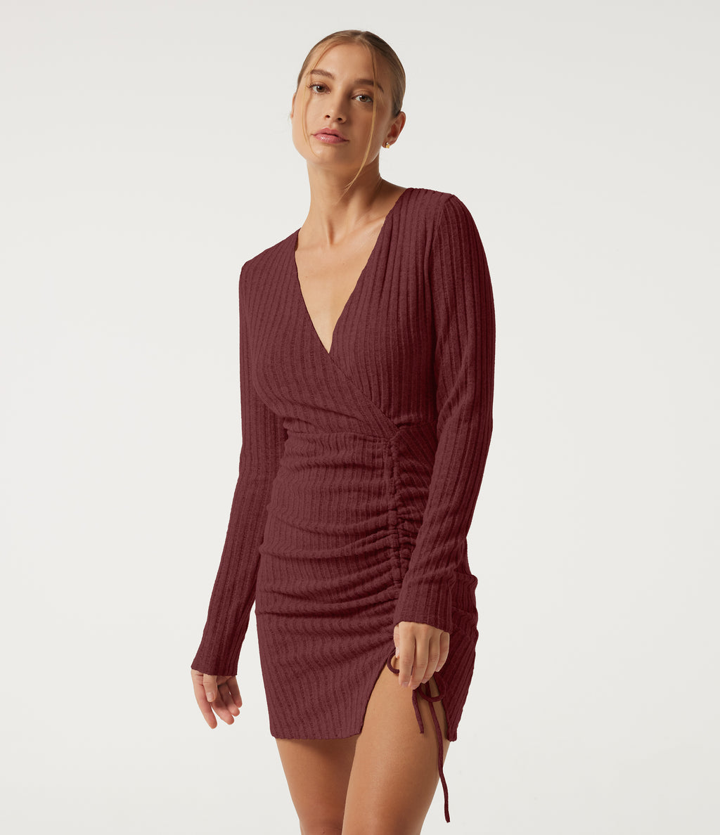 Ribbed Knit Deep V-Neck Long Sleeve Drawstring Ruched Bodycon Mini Casual Dress — Pomegranate — view 3