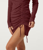 Ribbed Knit Deep V-Neck Long Sleeve Drawstring Ruched Bodycon Mini Casual Dress — Pomegranate — view 4