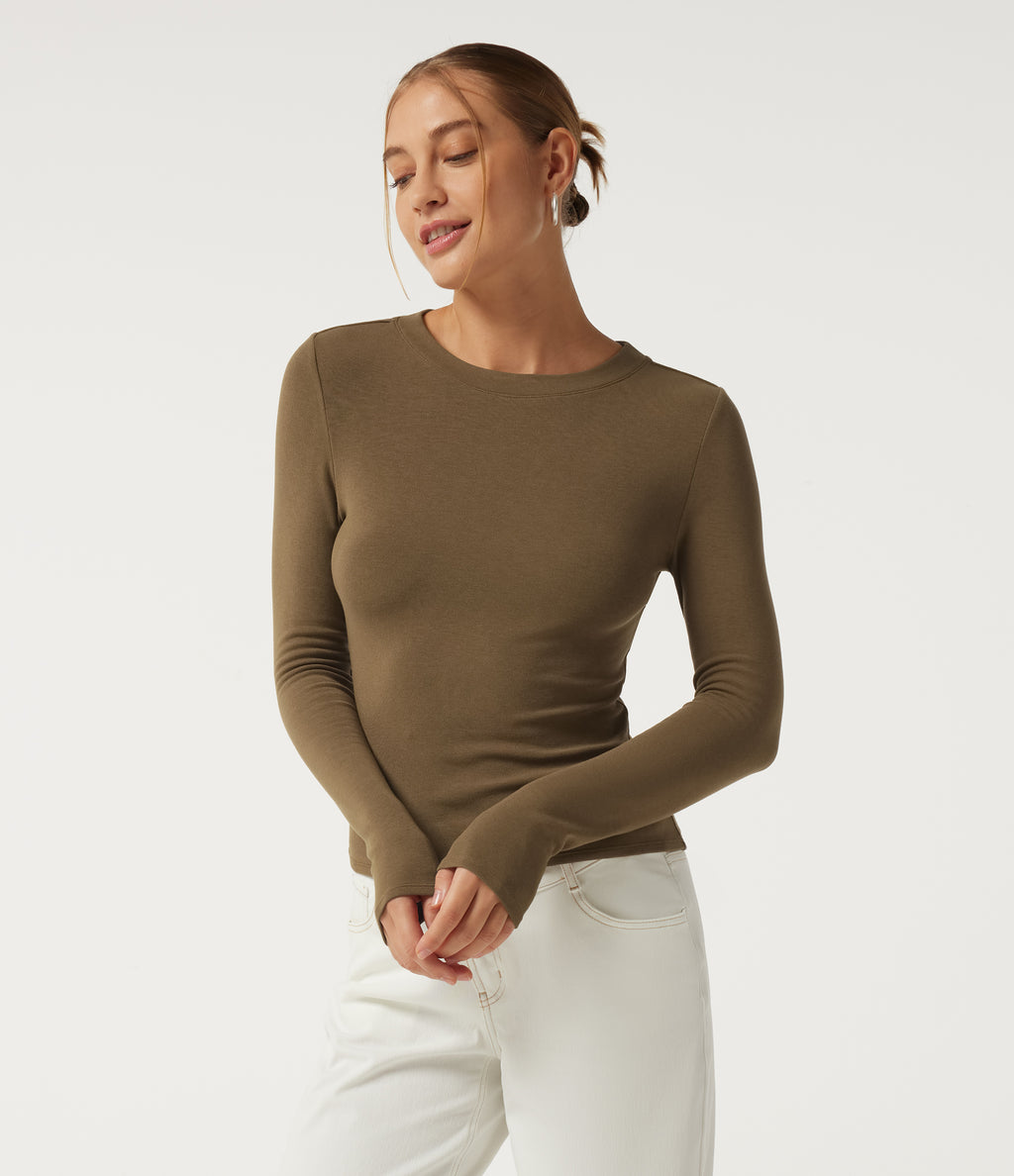 Round Neck Long Sleeve Thermal Casual Top — Butternut — view 4