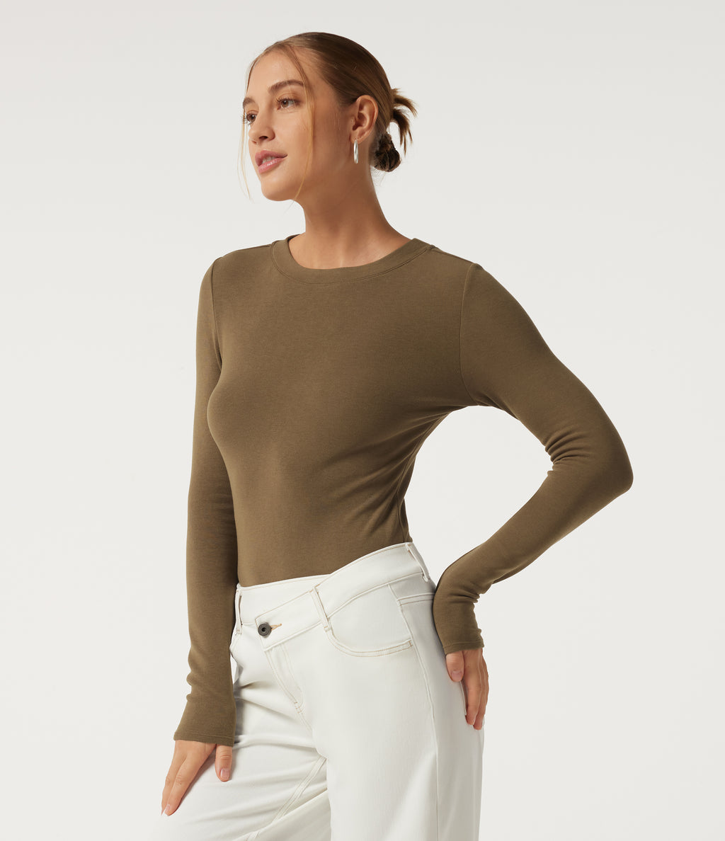 Round Neck Long Sleeve Thermal Casual Top — Butternut — view 3