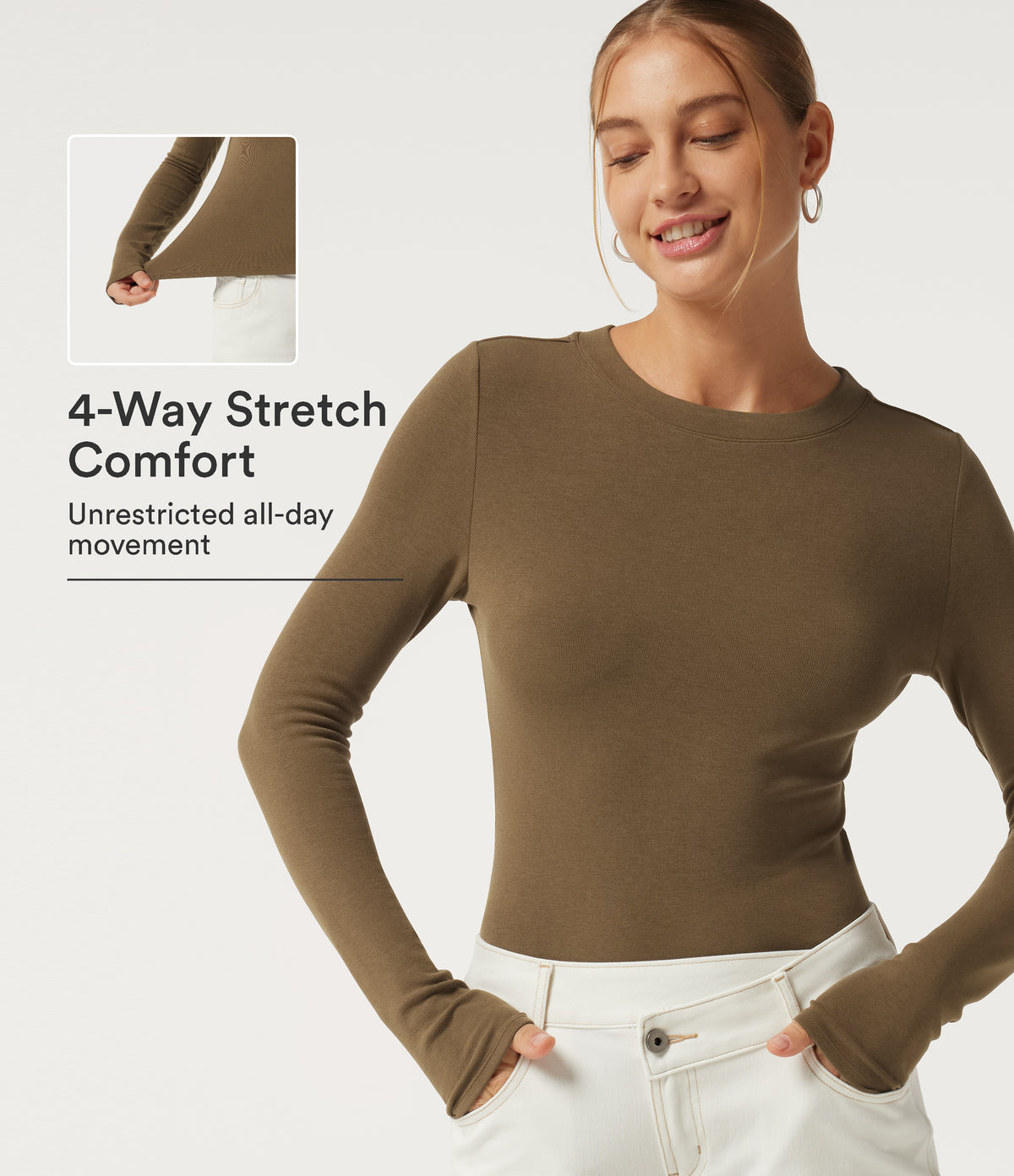 Round Neck Long Sleeve Thermal Casual Top — Butternut — view 1