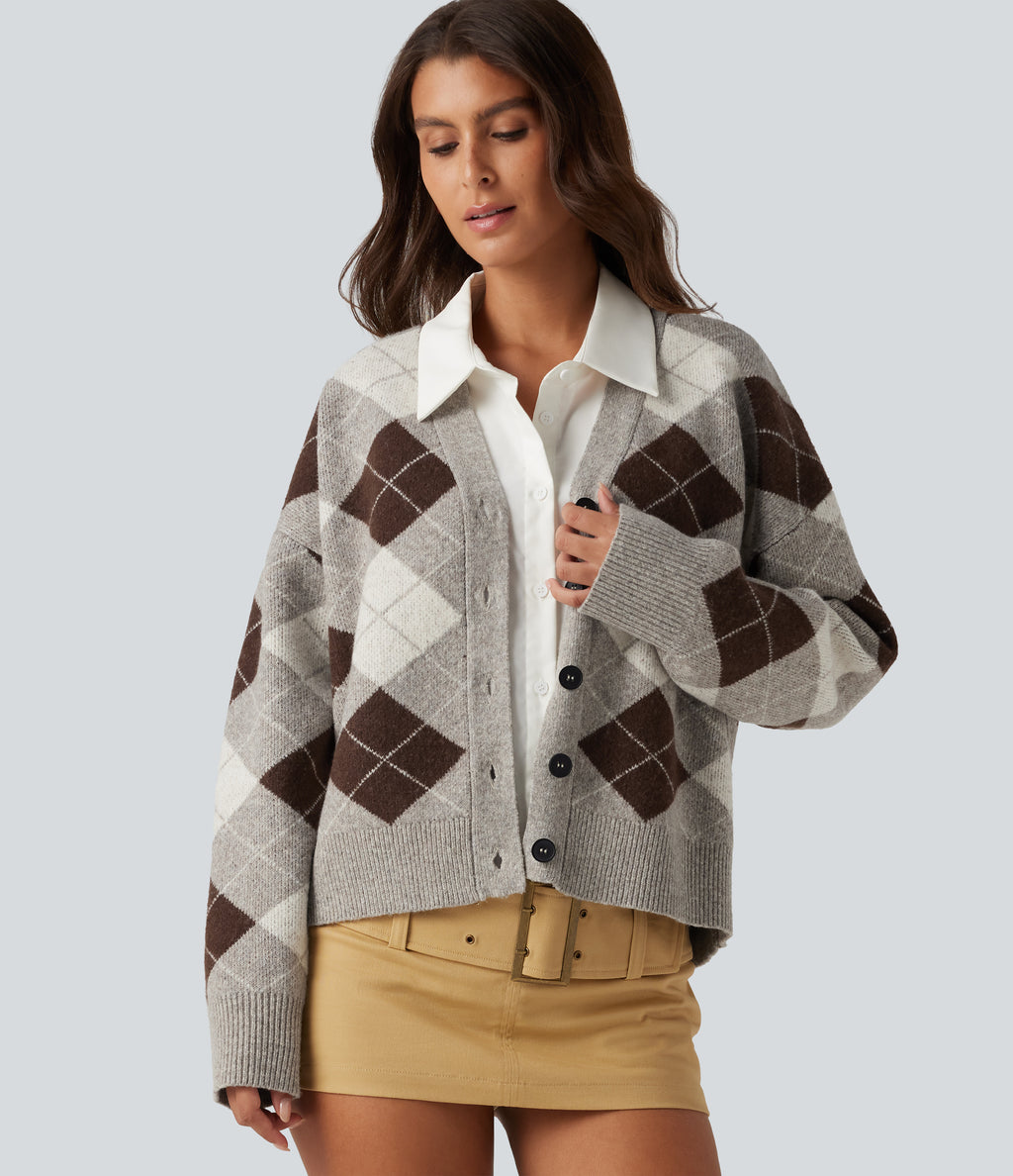 V Neck Long Sleeve Plaid Casual Cardigan — Espresso Shadow Plaid — view 1