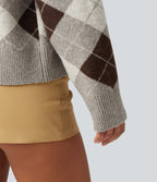 V Neck Long Sleeve Plaid Casual Cardigan — Espresso Shadow Plaid — view 6
