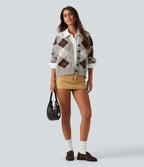 V Neck Long Sleeve Plaid Casual Cardigan — Espresso Shadow Plaid — view 8