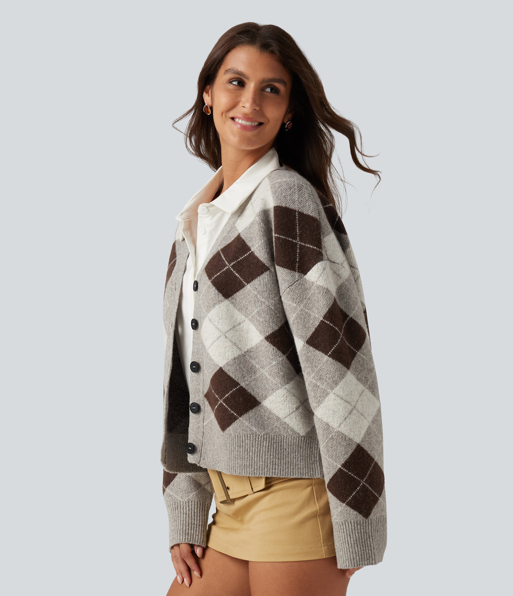 V Neck Long Sleeve Plaid Casual Cardigan — Espresso Shadow Plaid — view 3
