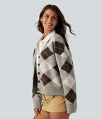 V Neck Long Sleeve Plaid Casual Cardigan — Espresso Shadow Plaid — view 3