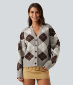 V Neck Long Sleeve Plaid Casual Cardigan — Espresso Shadow Plaid — view 5