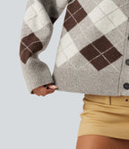 V Neck Long Sleeve Plaid Casual Cardigan — Espresso Shadow Plaid — view 7
