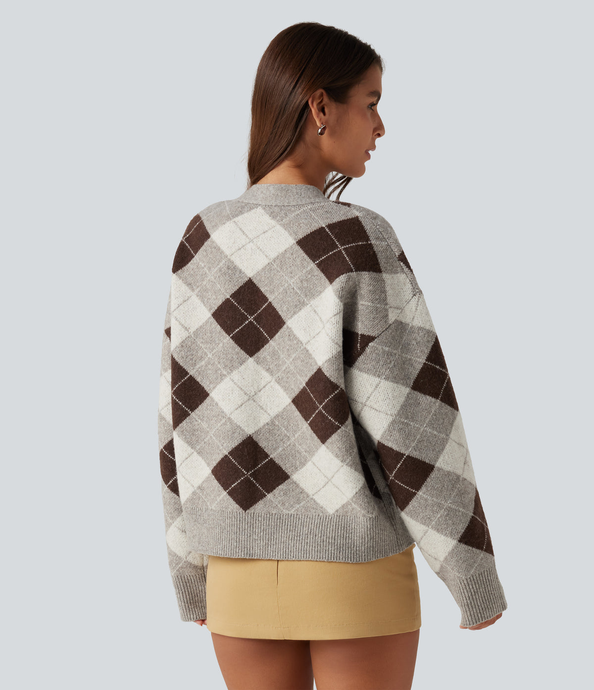 V Neck Long Sleeve Plaid Casual Cardigan — Espresso Shadow Plaid — view 2