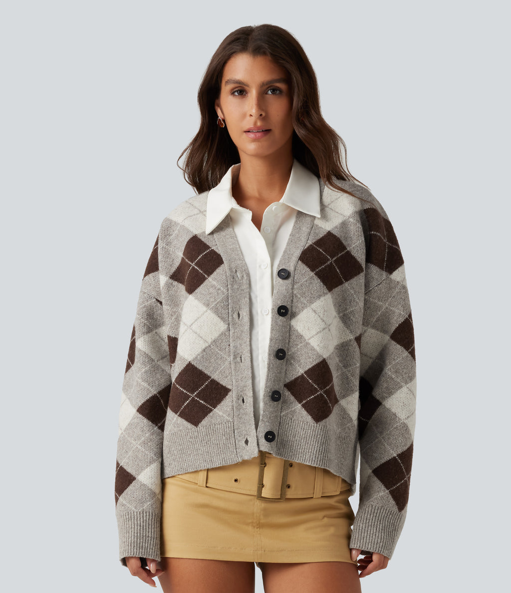 V Neck Long Sleeve Plaid Casual Cardigan — Espresso Shadow Plaid — view 4