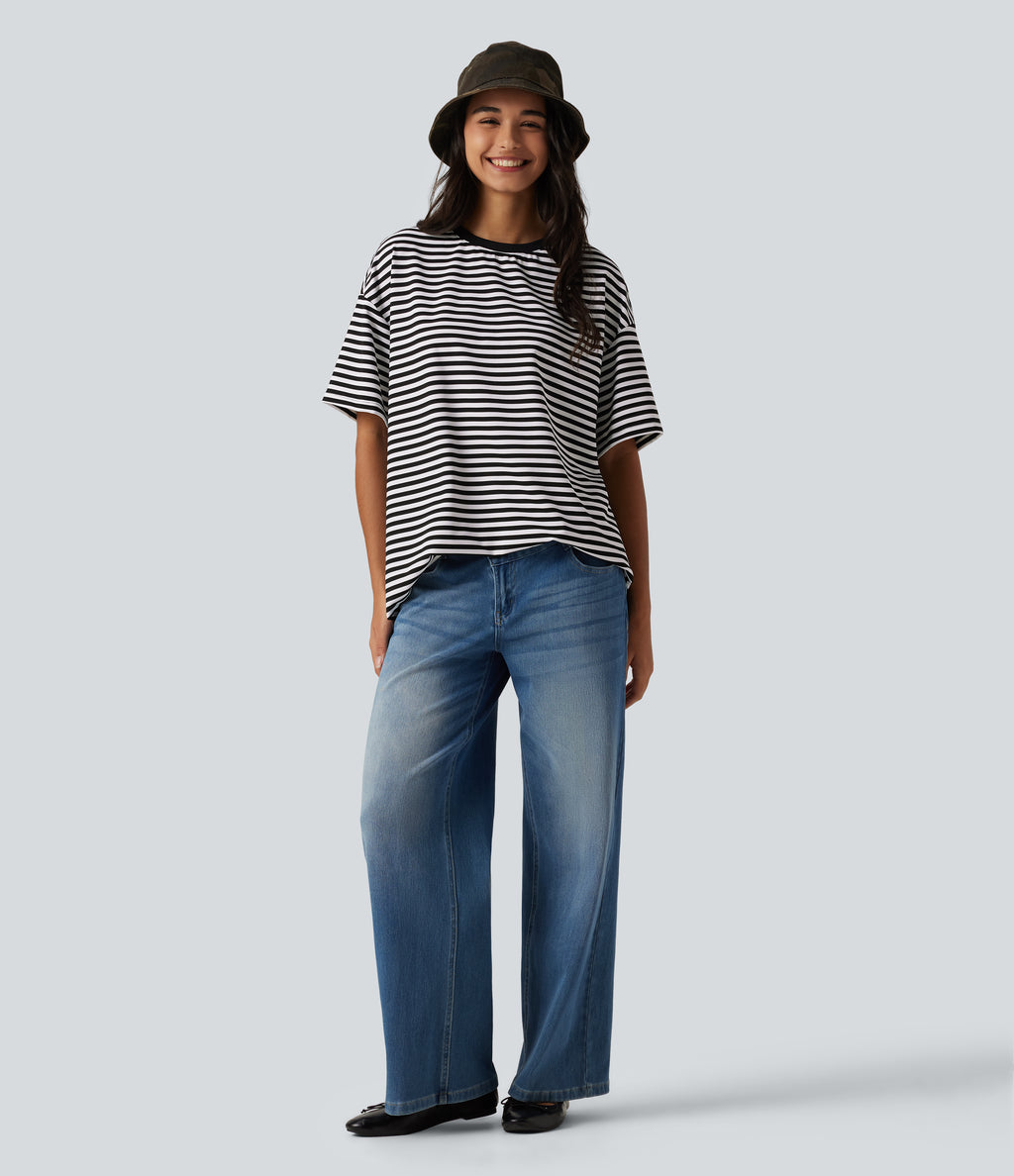 Round Neck Short Sleeve Stripe Waffle Casual T-Shirt — Black White Horizontal Stripe — view 7