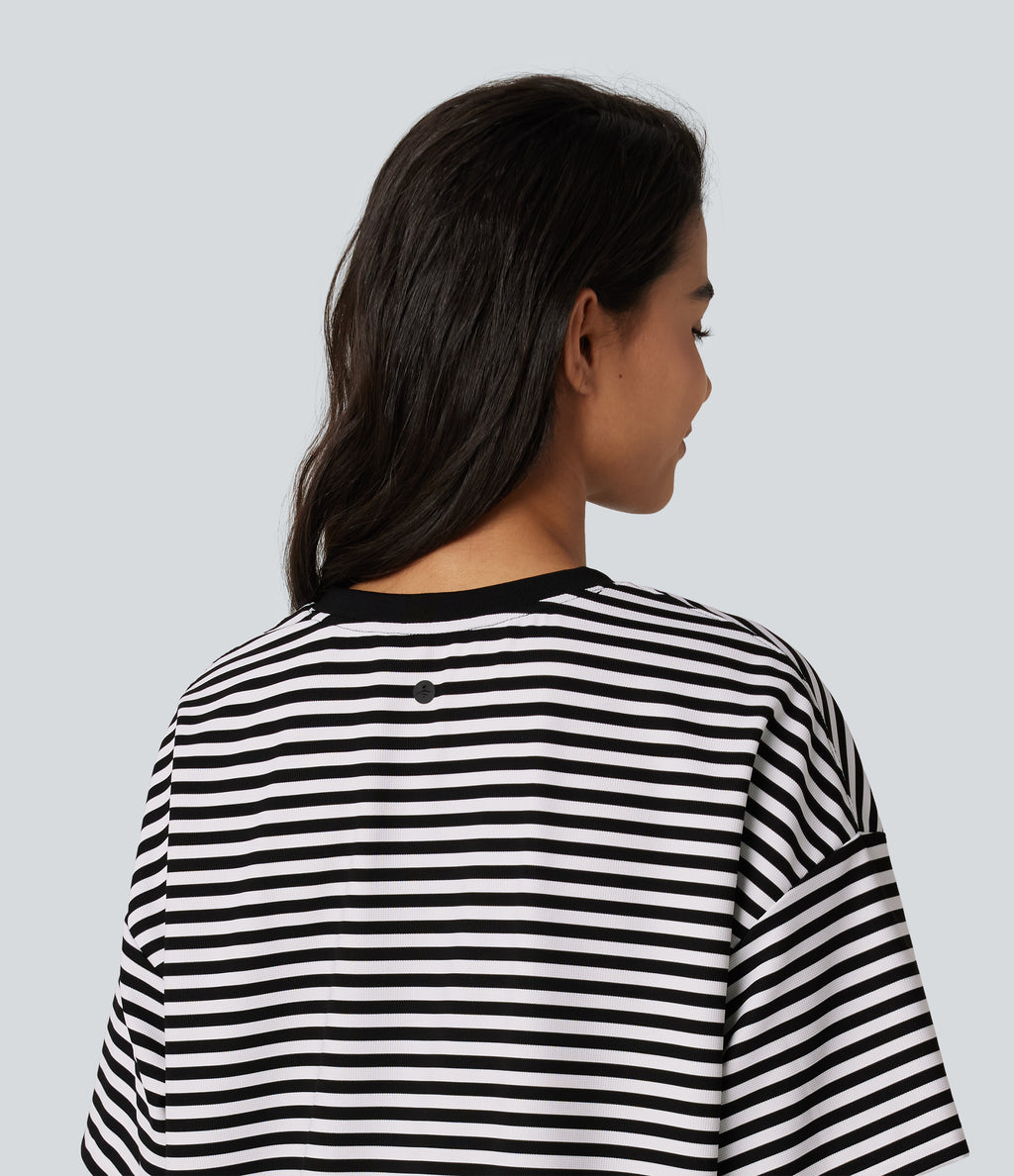Round Neck Short Sleeve Stripe Waffle Casual T-Shirt — Black White Horizontal Stripe — view 5