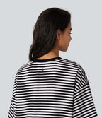 Round Neck Short Sleeve Stripe Waffle Casual T-Shirt — Black White Horizontal Stripe — view 5