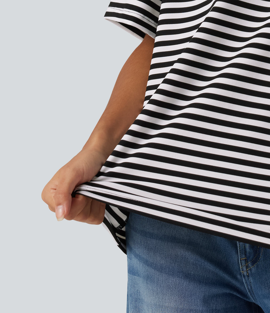 Round Neck Short Sleeve Stripe Waffle Casual T-Shirt — Black White Horizontal Stripe — view 6