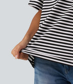 Round Neck Short Sleeve Stripe Waffle Casual T-Shirt — Black White Horizontal Stripe — view 6