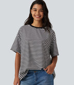Round Neck Short Sleeve Stripe Waffle Casual T-Shirt — Black White Horizontal Stripe — view 1