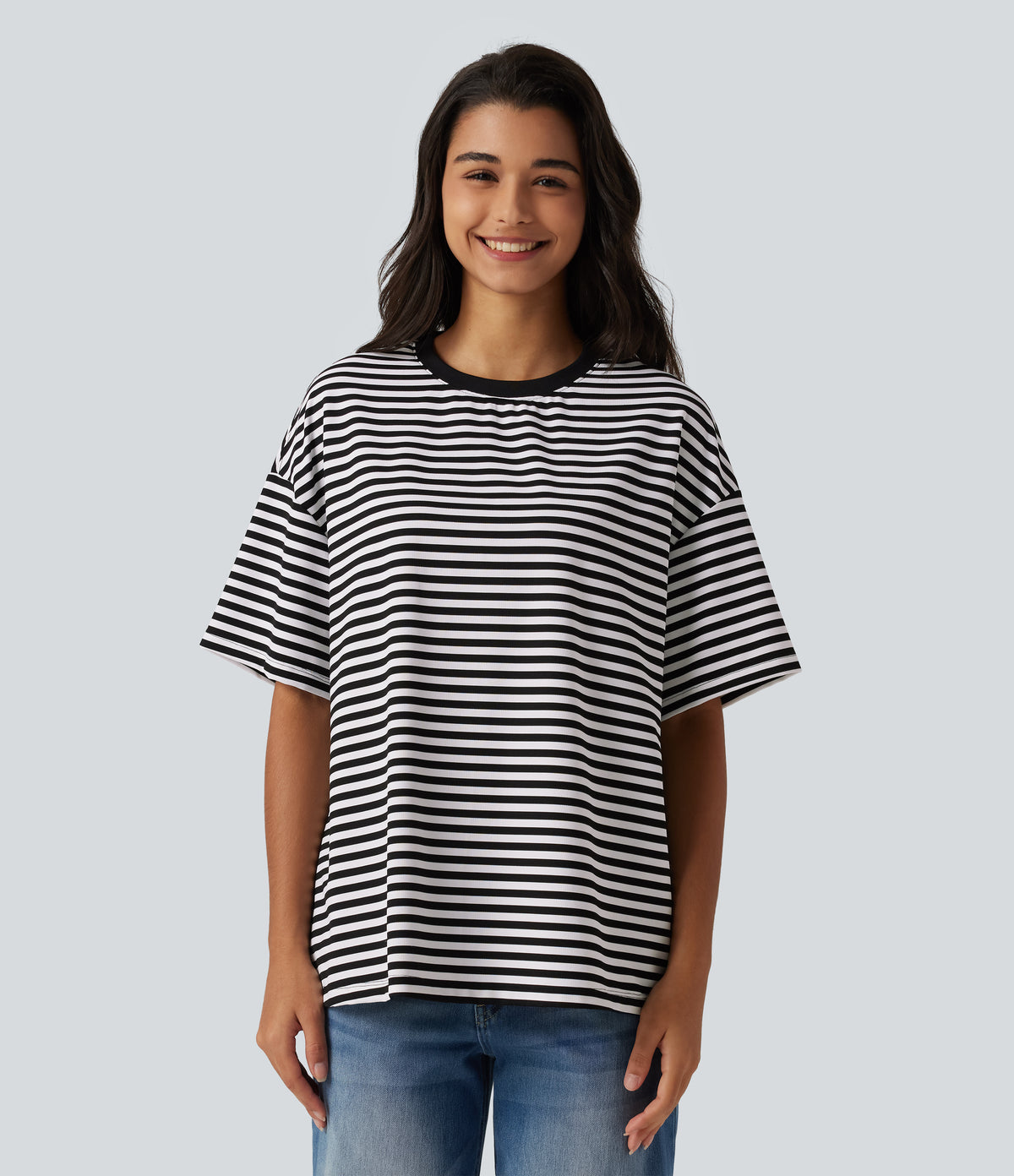 Round Neck Short Sleeve Stripe Waffle Casual T-Shirt — Black White Horizontal Stripe — view 4