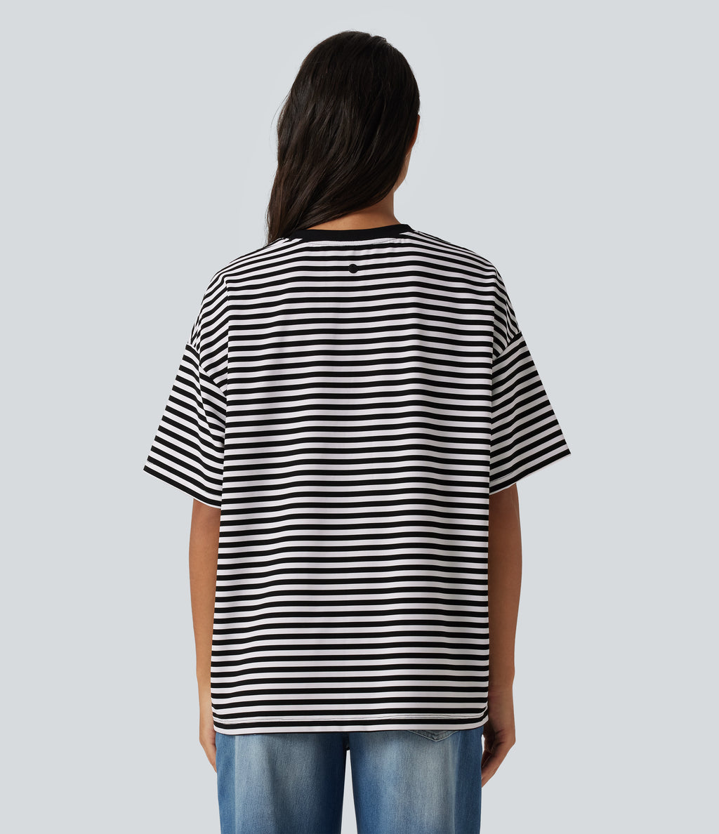 Round Neck Short Sleeve Stripe Waffle Casual T-Shirt — Black White Horizontal Stripe — view 2