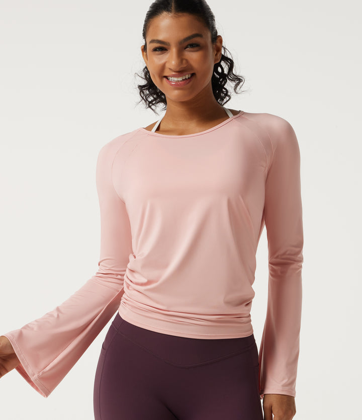 Round Neck Flounce Long Sleeve Ruched Yoga Sports Top — Peach Whip — view 1