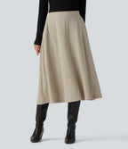 High Waisted A-Line Midi Work Skirt with Pockets — Oatmeal Khaki — view 1