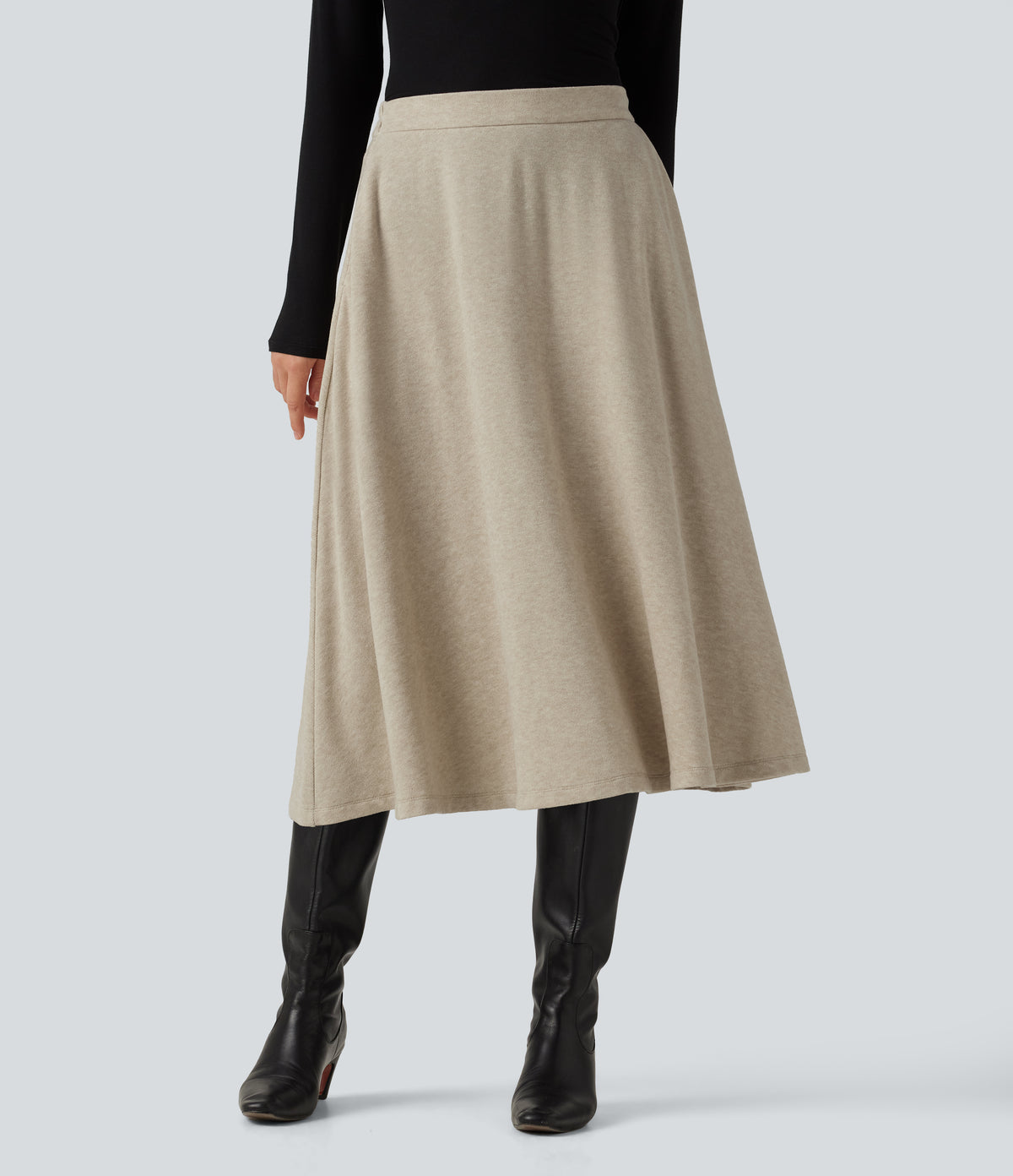High Waisted A-Line Midi Work Skirt with Pockets — Oatmeal Khaki — view 1