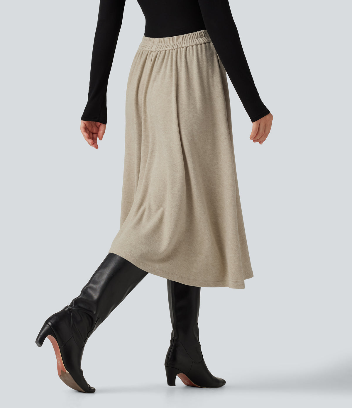 High Waisted A-Line Midi Work Skirt with Pockets — Oatmeal Khaki — view 2