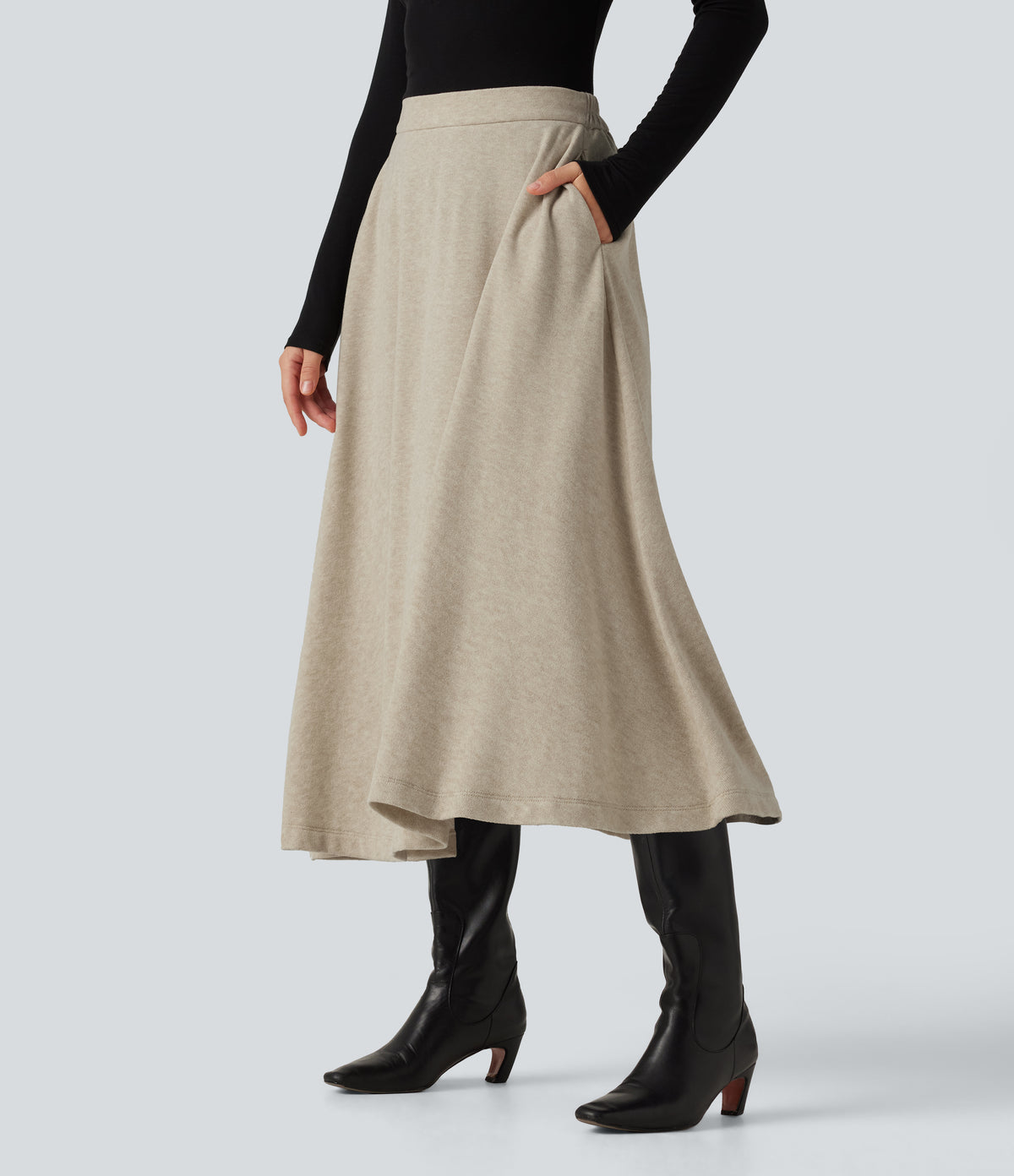 High Waisted A-Line Midi Work Skirt with Pockets — Oatmeal Khaki — view 3