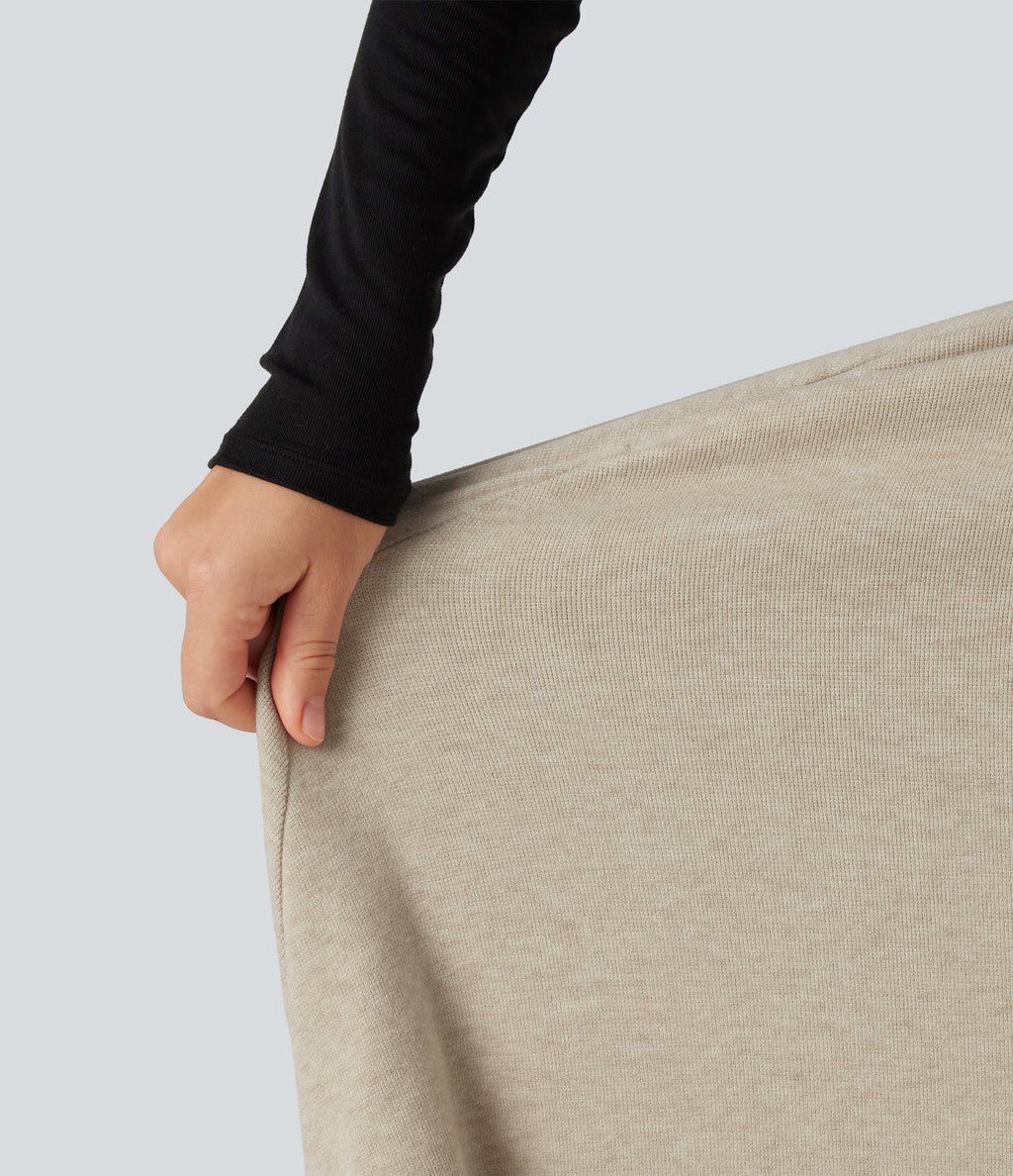 High Waisted A-Line Midi Work Skirt with Pockets — Oatmeal Khaki — view 6