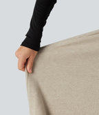 High Waisted A-Line Midi Work Skirt with Pockets — Oatmeal Khaki — view 6