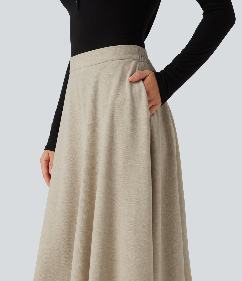 High Waisted A-Line Midi Work Skirt with Pockets — Oatmeal Khaki — view 5